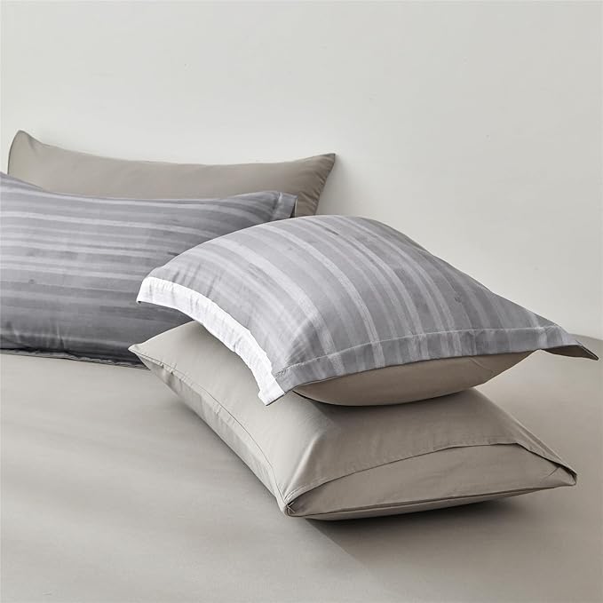 KAKIJUMN 7 Piece Bed in a Bag Stripe Comforter Set Full Size, White Grey Patchwork Striped Comforter and Sheet Set, All Season Soft Microfiber Complete Bedding Set(Light Grey,Full)
