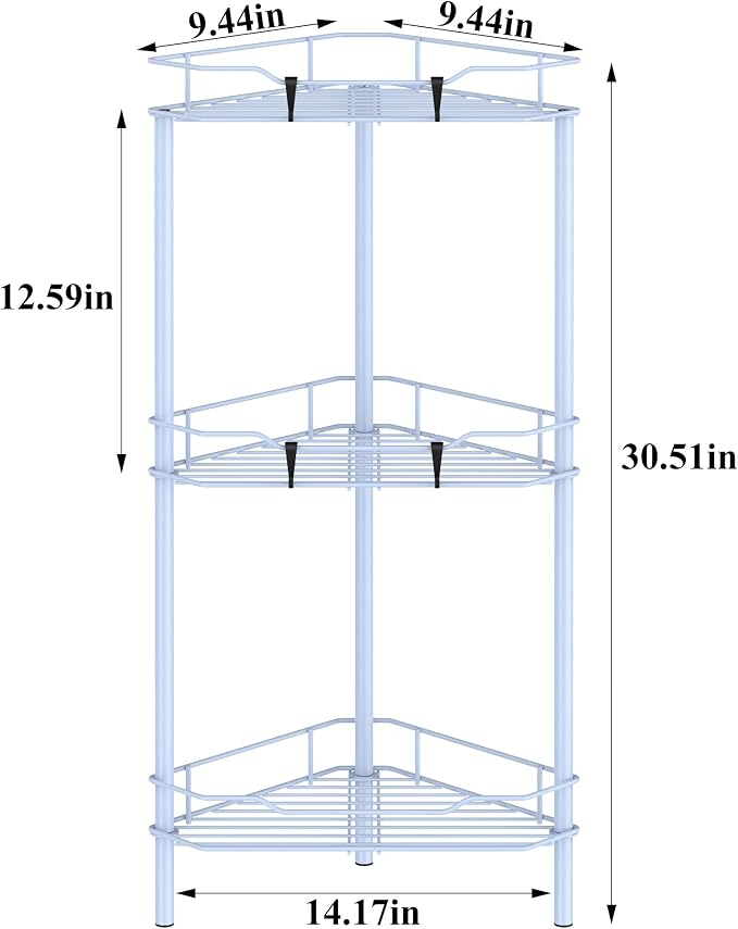 HuggieGems 3 Tier Floor Standing Corner Shower Caddy Organizer Shelf with Hooks, Bathroom Shelves Stand Rack, Blue - Image 7