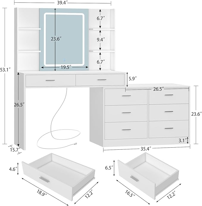 FIONESO Vanity Desk with LED Light Mirror & Power Outlet, 8 Drawers, 6 Storage Shelves, 3 Color Modes & Adjustable Brightness Makeup Vanity, Corner Vanity, L Shape Vanity, 39.4”-64.9" Desk, White