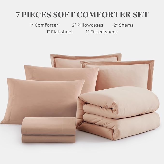 WRENSONGE Full Size Comforter Set- 7 Pieces Clay Pink Bed in a Bag Full Size Comforter with Fitted Sheet, Flat Sheet, 2 Pillow Shams, 2 Pillowcases, Warm Bedding Sets for All Season