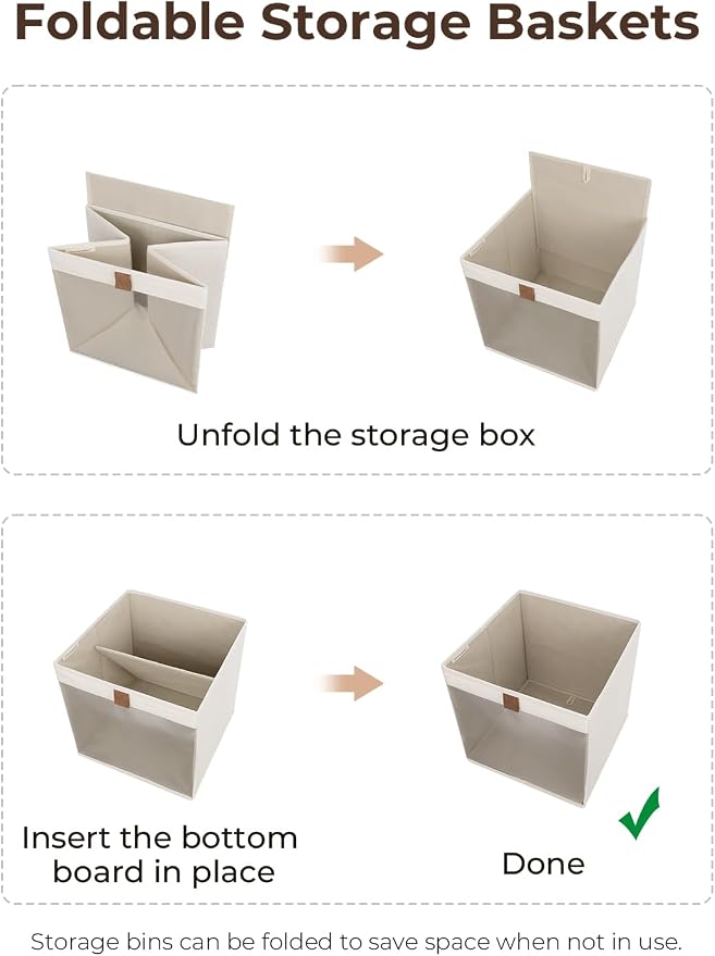 StorageWorks 13x13 Storage Cubes, Closet Storage Bins with Clear Window, Large Fabric Organizer for Clothes, Collapsible Storage Baskets with PU Handles, Beige, 3-Pack - Image 7
