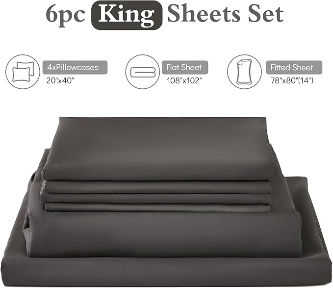ILAVANDE King Size Sheets Set 6 Piece,Hotel Luxury Super Soft 1800 Series Microfiber Grey Bed Sheets King Set-Wrinkle Free & Breathable-14 Deep Pocket Sheets for King Size Bed(King,Neutral Grey)