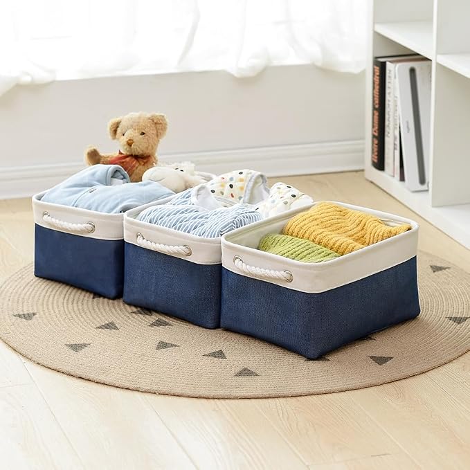 TheWarmHome Storage Basket for Organizing - Medium 3 Pack 14x10x7 inch Fabric Storage Cubes for Shelves with Rope, Collapsible Storage Bin for Organizer Closet Cloth Gift Toy (White & Jean Blue) - Image 8