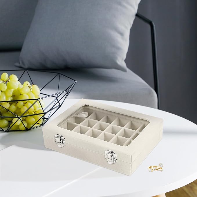 Velvet Jewelry Box 24 Grid Jewelry Earrings Display Organiser Box Ring Tray Holder Earrings Storage Case for Girls Women Wife Mom (Beige) - Image 7