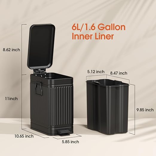 Small Bathroom Trash Can with Lid Soft Close, 6L / 1.6 Gallon Stainless Steel Small Garbage Can with Step Pedal, Slim Waste Basket for Bedroom, Toilet, Office - Black - Image 6