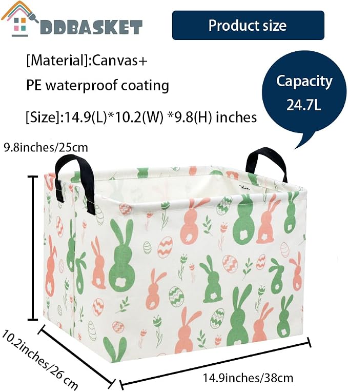 Easter Baskets for Kids Gift Bunny Basket Empty for Boys and Girls Rectangular Toy Storage Bins Organizer Bin Box Cute Egg Room Decor for Home(Easter Bunny) - Image 6