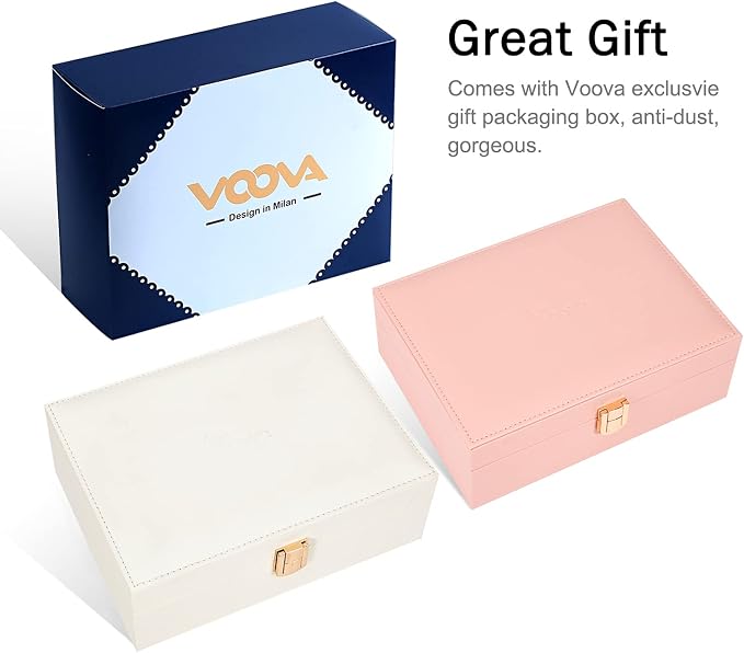 Voova Jewelry Box Organizer for Women Girls, 2 Layer Large Men Jewelry Storage Case, PU Leather Display Jewellery Holder with Removable Tray for Necklace Earrings Rings Bracelets, Vintage Gift, White - Image 7