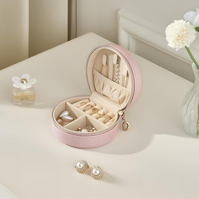 ProCase Travel Size Jewelry Box, Mini Portable Seashell-Shaped Jewelry Case, 2 Layer Organizer in PU Leather for Women -Rose - Image 7