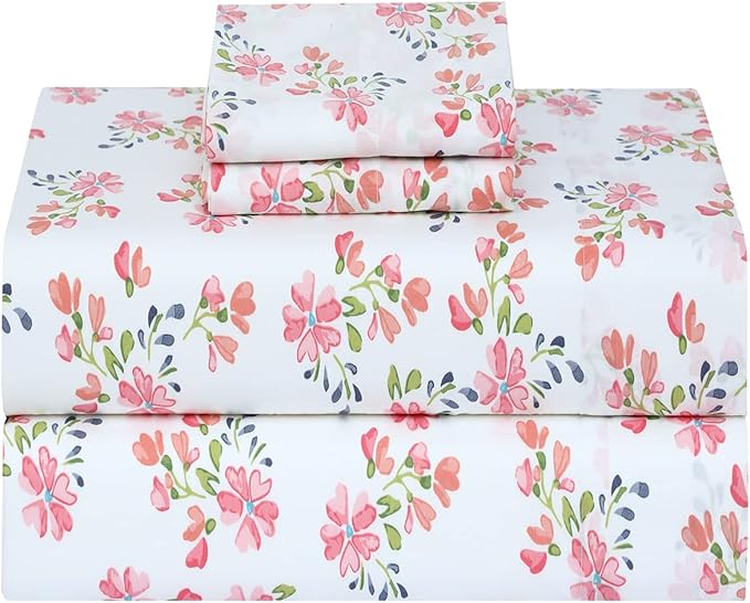 RUVANTI 100% Cotton Sheets – King Size Percale Bedding, Cooling & Breathable Floral Design, Durable with a Crisp, Soft & Comfortable Feel, 16" Deep Pocket, 4-Piece Set, Bloomex