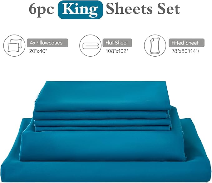 ILAVANDE Teal King Size Sheets Set 6 Piece,Hotel Luxury Super Soft 1800 Series Microfiber Bed Sheets King Set-Wrinkle & Fade Resistant-14 Deep Pockets Sheets for King Size Bed(King,Teal)