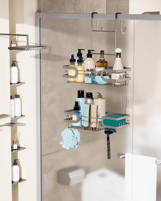 HapiRm Shower Caddy over Door- Hanging Shower Organizer with 14 Hooks and Soap Holder, Rustproof & Waterproof Stainless Steel Bathroom Shelf - Brushed Nickel - Image 7