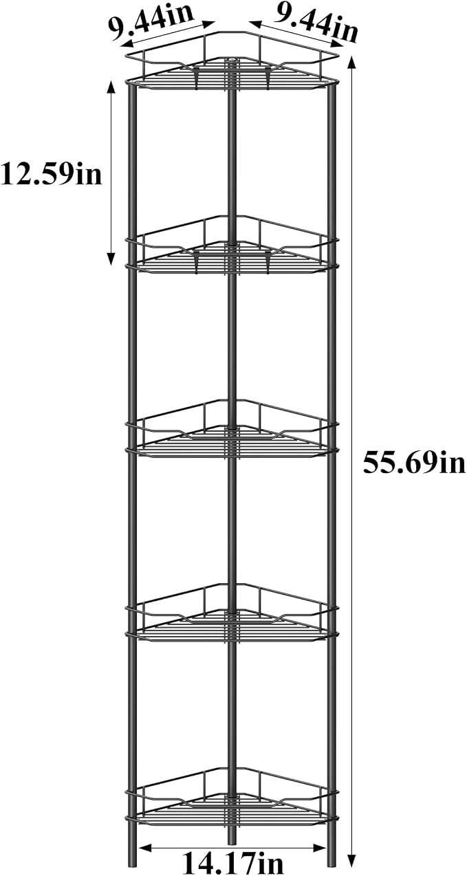 HuggieGems 5 Tier Floor Standing Corner Shower Caddy Organizer Shelf with Hooks, Bathroom Shelves Stand Rack, Matt Black - Image 7