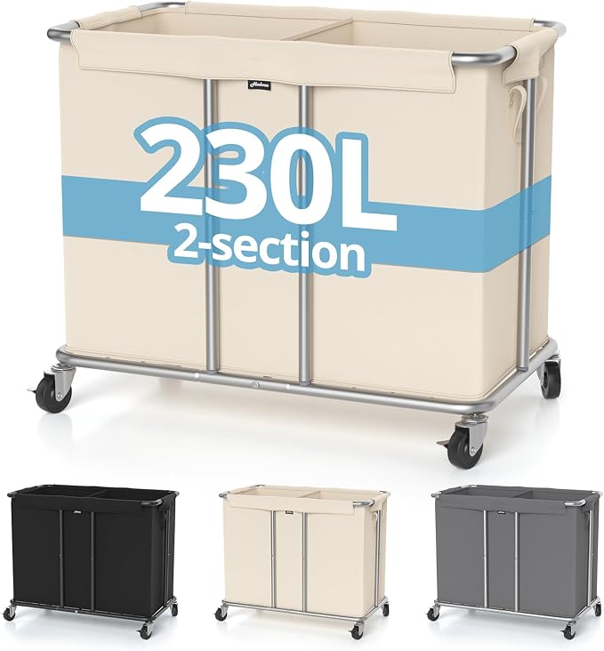Hodonas 230L Rolling Laundry Hamper, 2-Section Laundry Basket with Wheels, 61 Gallons Laundry Sorter with Metal Structure and Removable Liner, Clothes Hamper for Laundry Room, Bathroom, Bedroom, Beige - Image 9