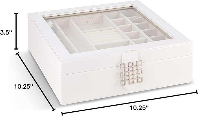 Glenor Co 28 Section Jewelry Box - 2 Layer - Buckle Snap & Magnet Closure - Large Glass Top - Leather Design - White - Jewelry Organizer for Women & Girls - for Earring Ring Necklace & Bracelet - Image 6