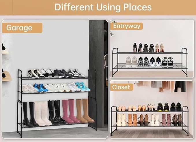KEETDY 2-Tier Long Shoe Rack for Closet Metal Shoe Organizer for Entryway, Wide Stackable Shoe Storage Shelf with Sturdy Wire Grid for Closet Floor, Bedroom, Black - Image 7