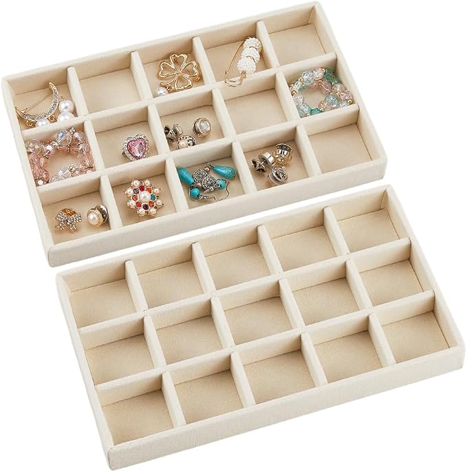 2Pcs 5 x 8.3 Inch Stackable Jewelry Trays Earring Holder Organizer Antique White 15 Grids Velvet Dresser Jewelry Drawer with Removable Divider for Bracelet Ring Watch Trinket Display Showcase - Image 7
