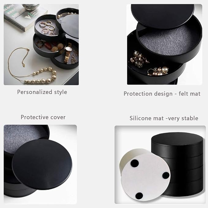 TIMESETL Jewelry Organizer, Small Jewelry Storage Box Earring Holder for Women, 4-Layer Rotating Travel Jewelry Tray Case with Lid for Bracelets Rings Bracelets - Black - Image 7