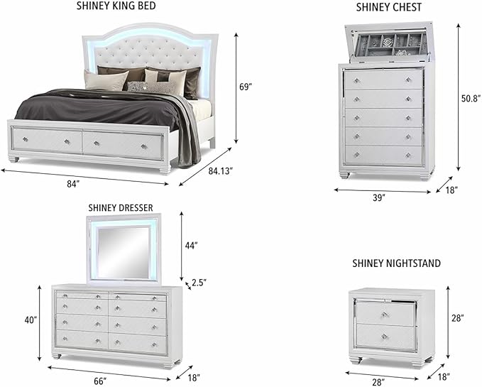 First of a Kind Shiney Contemporary 5 Piece King Bedroom Set High Gloss White Finish with Upholstered Headboard, Sleek Modern Bedroom Furniture Set for Coordinated Interiors