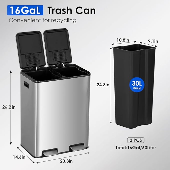 FDW Trash Can, 60 Liter (2x30L) 16 Gallon Stainless Steel Step Can, Rectangular Trash Can with Inner Buckets and Hinged Lids, Suitable for Kitchen Office Home Use,Silver - Image 6
