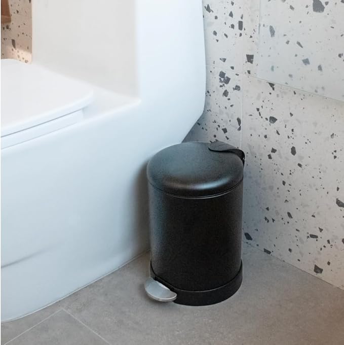 Glad Small Trash Can, 1.2 Gallon | Round Stainless Steel Garbage Bin with Soft Close Lid & Step Foot Pedal | Black Metal Waste Basket with Removable Inner Bucket, Matte Black - Image 7