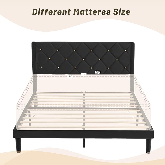 Full Bed Frame with Headboard, Bed Frame Full Size with Sturdy Wooden Slats Support, Platform Frame with Velvet Upholstered Headboard, Mattress Foundation, Easy Assembly, No Box Spring Needed Black