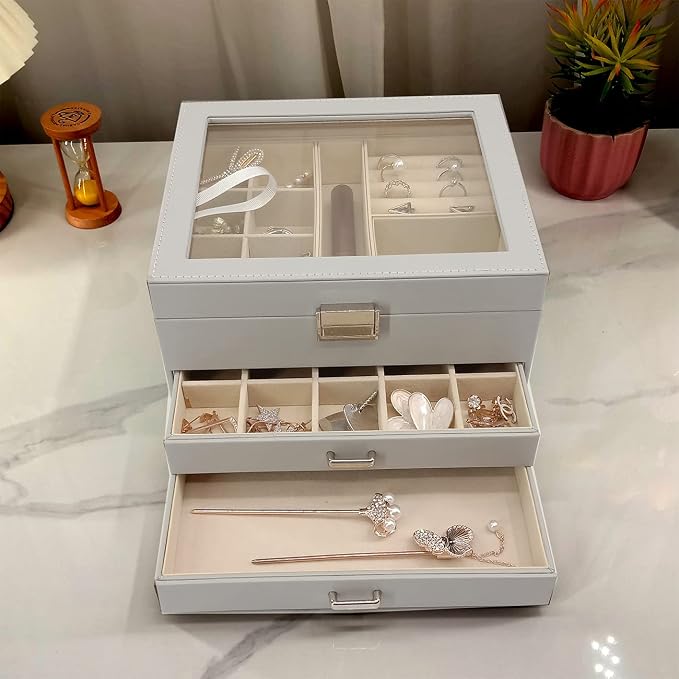 BOOVO Clear Lid Jewelry Box,3 Layers Jewelry Organizer Large Multi-Functional Jewelry Storage Box with 2 Drawers,Jewelry Display Case of Rings Earrings Necklace Bracelets for Women Girls (Grey) - Image 9