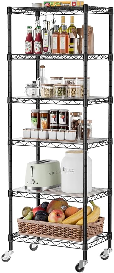 SINGAYE 6 Small Shelf Storage Wire Shelves Closet Bathroom Organizers Metal Pantry Kitchen Garage Shelving Unit Laundry Room Organization Home Narrow Rack Net Basket with Wheels Black - Image 9