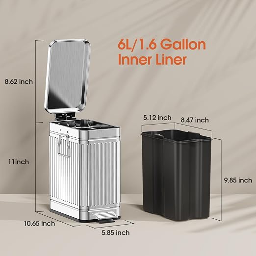 Small Bathroom Trash Can with Lid Soft Close, 6L / 1.6 Gallon Stainless Steel Garbage Can with Step Pedal & Odor Control, Slim Trash Bin for Toilet, Office, Bedroom - Sliver - Image 6