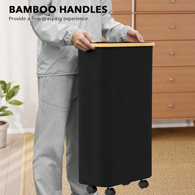 SpaceAid Slim Laundry Hamper with Wheels and Lid,62L Rolling Narrow Clothes Basket with Bamboo Handle, Large Laundry Hamper for Bedroom, Bathroom, Dorm, Laundry Room - Black - Image 10