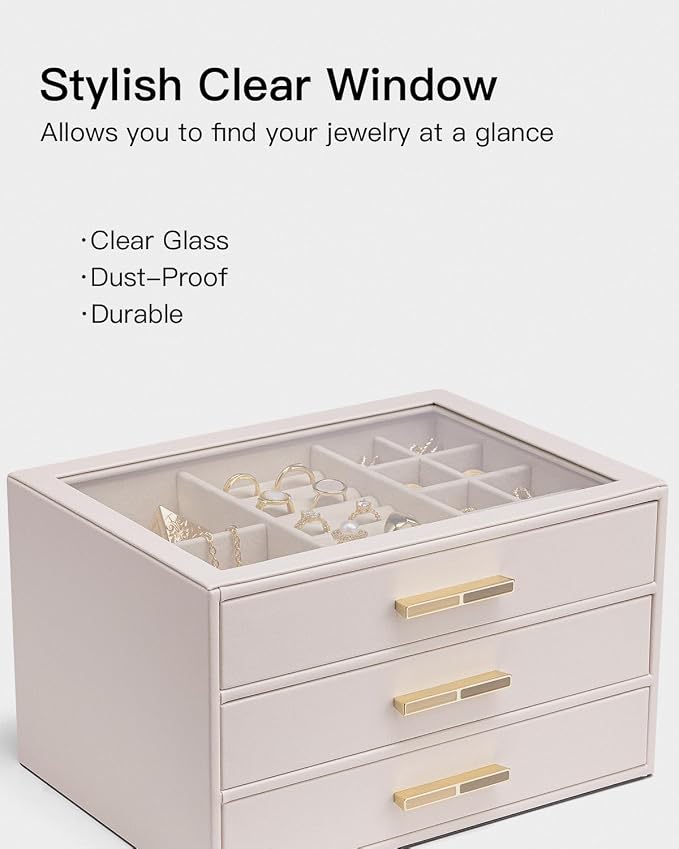 Vlando Jewelry Box for Women, Glass Lid Jewelry Organizer with 3 Drawers for Necklaces Rings Earrings Bracelets - Light Pink - Image 7