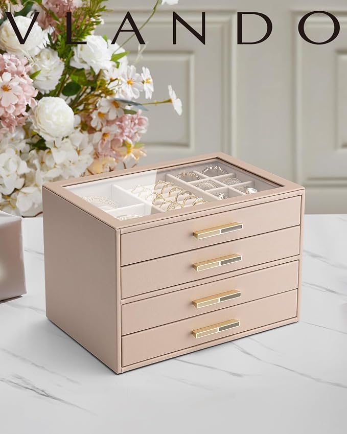 VLANDO 4 Layer Jewelry Box for Women, Mothers Day Gifts for Women, Glass Lid Jewelry Organizer with 4 Drawers for Necklaces Rings Earrings Bracelets - Toffee - Image 8