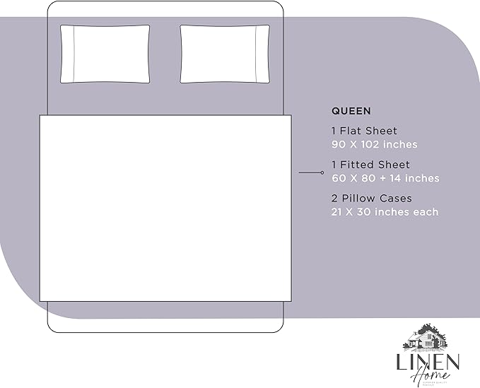Linen Home Queen Percale Sheets 100% Cotton, 4-Piece Set, Deep Pocket Fits 16" Mattress Crisp Cool Breathable Bed Sheet Set, 1 Flat + 1 Fitted + 2 Pillowcases, Prelude Purple
