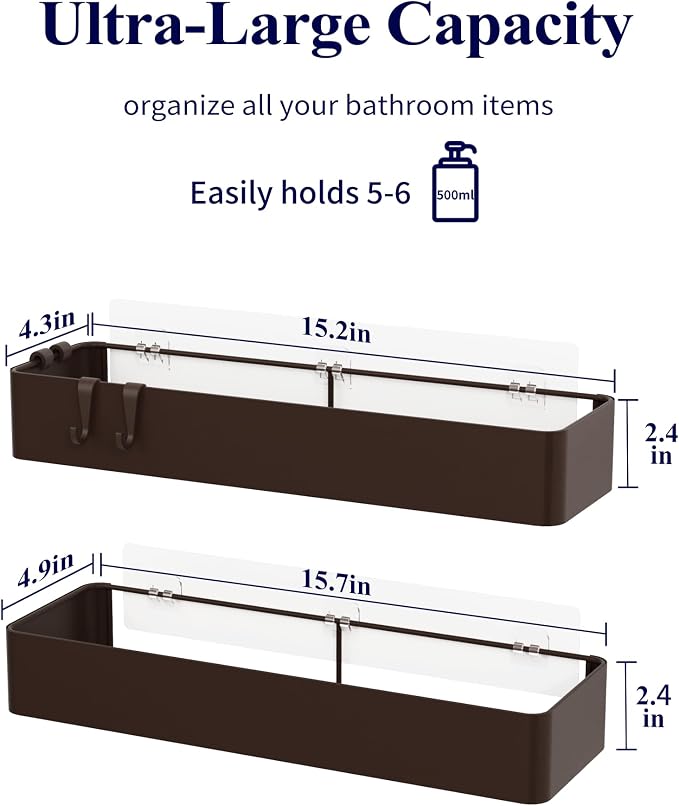 Kitsure Shower Caddy - 2 Pack Adhesive Shower Organizer, Rustproof Metal Shelves, No-Drill Bathroom Organizers and Storage, Brown, XX-Large - Image 3