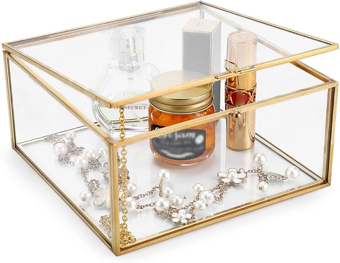 Hipiwe Vintage Glass Jewelry Organizer Box - Golden Metal Keepsake Box Desktop Jewelry Organizer Holder Wedding Birthday Gift Square Vanity Decorative Box for Dresser,6.3"x 6.3"x 3.35" - Image 8
