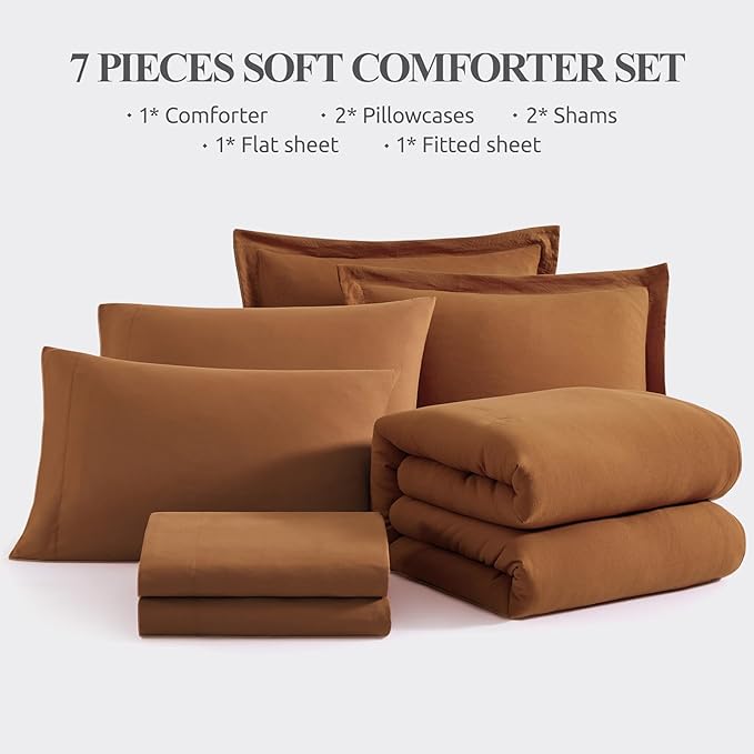 WRENSONGE Terracotta King Comforter Set, 7 Pieces Soft Microfiber King Size Comforter with Fitted Sheet, Flat Sheet 2 Pillow Shams, and 2 Pillowcases- Warm King Bedding Set for All Season