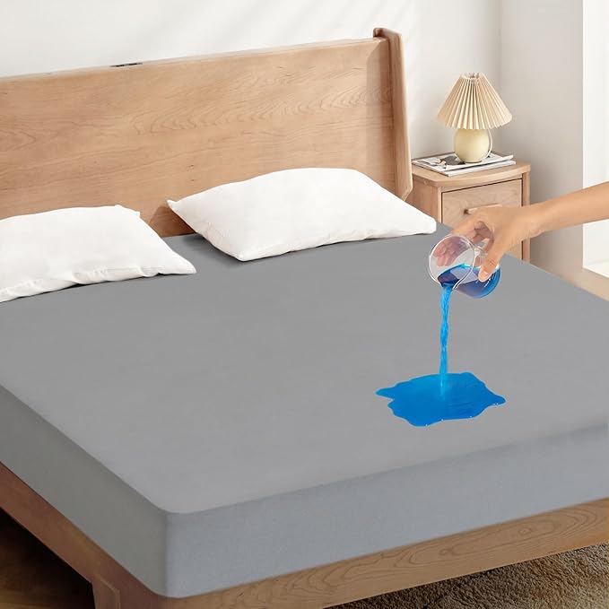 Twin Mattress Protector Waterproof, Twin Size Mattress Pad Cover for Kids Bed,Soft & Breathable Single Fitted Sheet for Bed with Deep Pocket and Elastic Rubber Band Up to 14 Inches, Gray