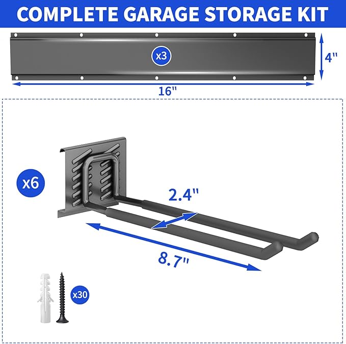 Garage Tool Organizer Wall Mount, 48 Inch Heavy Duty Garden Tool Organizer Storage System, Easy Install with 6 Adjustable Straight Hooks, for Garage, Basement, Shed, Workshop, Black, Steel - Image 7