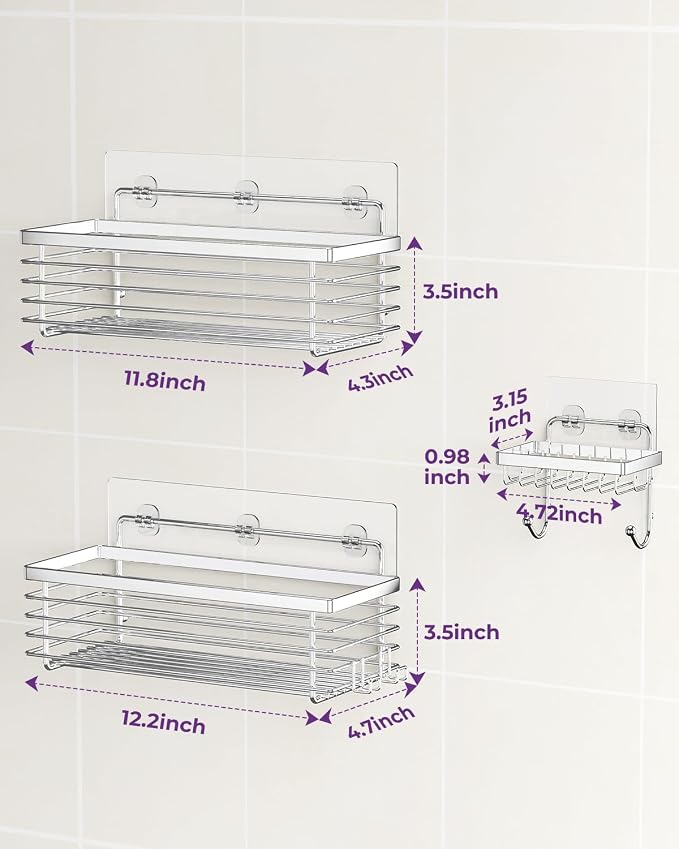 ODesign Shower Caddy 3 Pack SUS304 Stainless Steel-No Drilling-Shower Bathroom Shelves Rack,Rustproof Wall Mounted,Adhesive Shower Shelf Basket Organizer-Silver - Image 7
