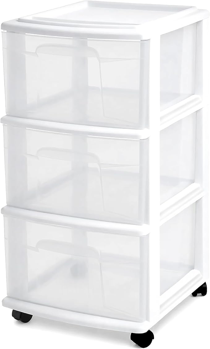 HOMZ Drawer Tower, 3-Tier Rolling Storage Cart with Removable Wheels, White Frame – Plastic Organizer with Clear Bin Drawers for Bedroom, Bathroom, Home Office, and Dorm Room - Image 9