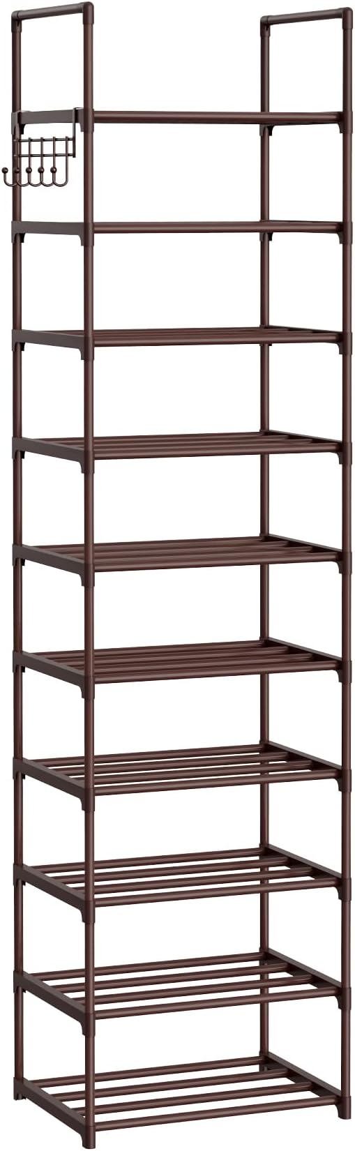Tall 10 Tier Shoe Rack - 20-24 Pair Storage, Sturdy Metal Shoe Organizer with Hooks for Closet, Entryway, Brown - Image 8