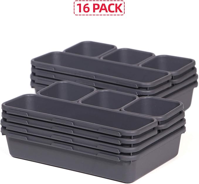 Set of 16 Interlocking Desk Drawer Organizer Tray Dividers Plastic Shallow Narrow Drawers Organizers Separators and Storage Bins Container for Kitchen Bathroom Makeup Office Vanity Bedroom Dresser - Image 7