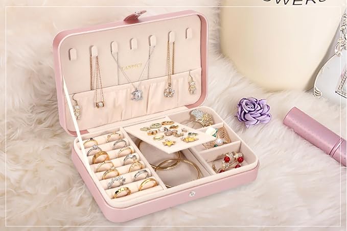 LANDICI Small Jewelry Box for Women Girls, PU Leather Travel Jewelry Case, Portable Jewelry Organizer Storage Holder Display for Ring Earrings Necklace Bracelet Women Kids Gift, Rose Gold - Image 7