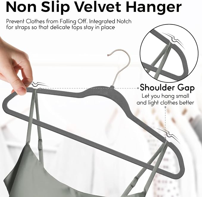 Techzoo Premium Velvet Hangers 50 Pack Ultra Thin Non Slip Adult Felt Space Saving Slim Suit Hanger for Closet Heavy Duty Coat Pants Jackets Dress Hangers 360° Swivel Hook Hold Upto 10 lbs Gray - Image 8