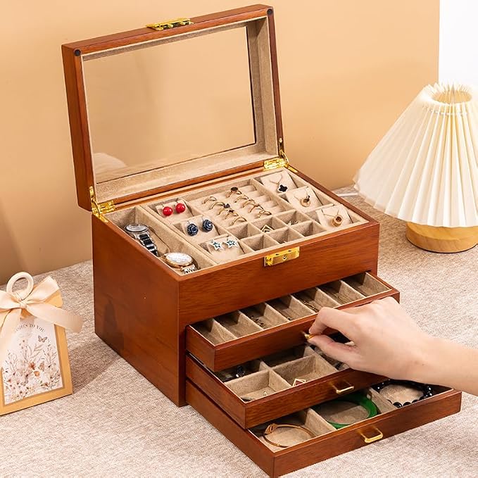Walnut Wood Jewelry Box, 4-Tier Soild Wood Jewelry Box with 3 Drawers Large Storage Lockable Jewelry Organizer with Glass Lid Christmas Gifts for Necklaces Rings Earring Watches Bracelets - Image 6