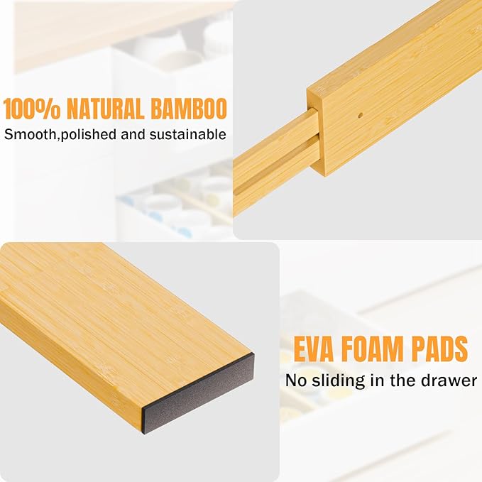BAMBUROBA Bamboo Drawer Dividers, Adjustable Kitchen Drawer Organizer for Clothes,17-22" Expandable Drawer Organization Separators for Bedroom,Bathroom,Dresser and Office,6-Pack - Image 7