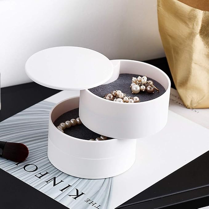 TIMESETL Jewelry Organizer, Small Jewelry Storage Box Earring Holder for Women, 4-Layer Rotating Travel Jewelry Tray Case with Lid for Bracelets Rings Bracelets - White - Image 7