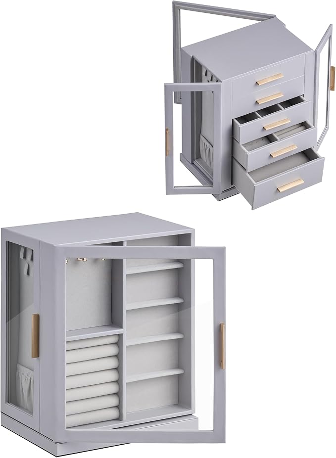 Glimmloop 360° Rotating Jewelry Box with 5 Drawers, Spacious Vertical Jewelry Organizer with Glass Window, Jewelry Storage Case, Dustproof & Moisture-resistant Design, Grey - Image 7