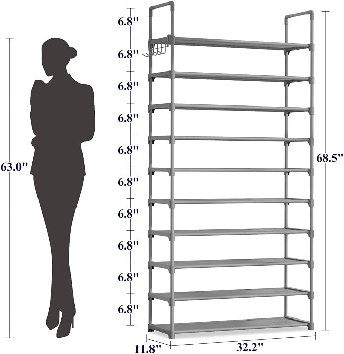Kitsure Shoe Rack for Closet - 10-Tier Shoe Organizer with Hook Rack, Large-Capacity & Space-Saving Shoe Shelf for Entryway, Bedroom, Living Room,32.2" x 11.8" x 68.5", Gray - Image 2