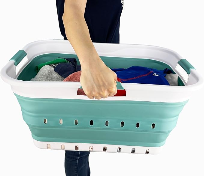 SAMMART 42L (11 gallon) Collapsible Plastic Laundry Basket - Foldable Pop Up Storage Container/Organizer - Space Saving Hamper/Basket (1, White/Celadon Green) - Image 8