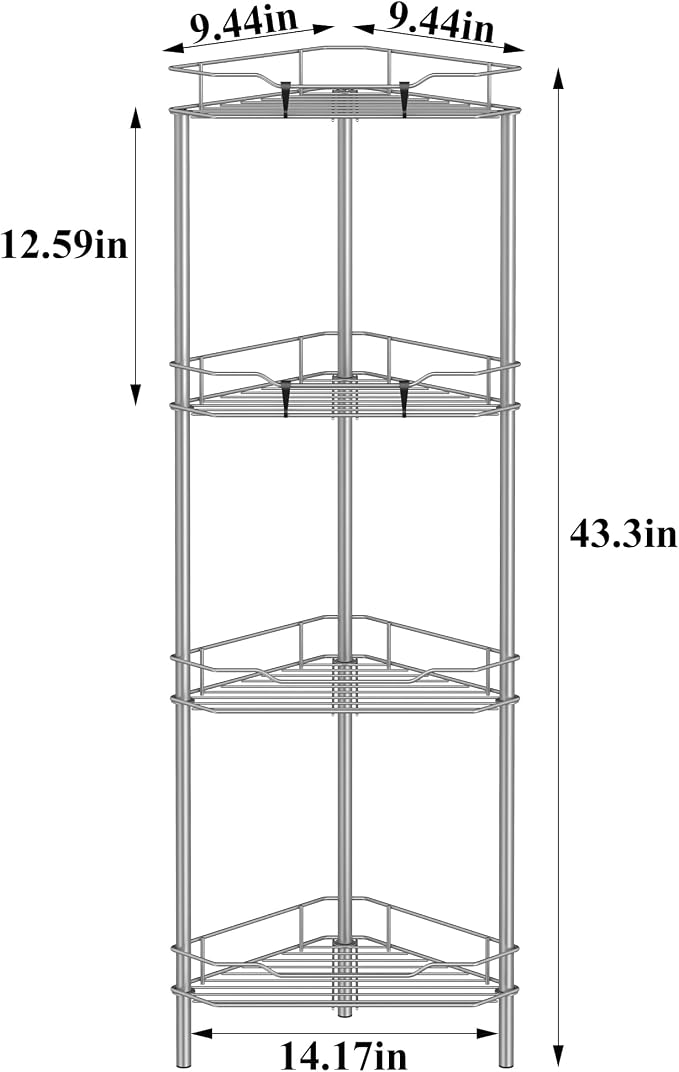 HuggieGems 4 Tier Floor Standing Corner Shower Caddy Organizer Shelf with Hooks, Bathroom Shelves Stand Rack, Gray - Image 7